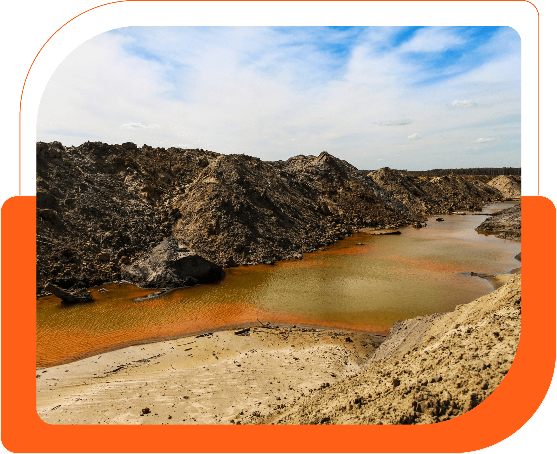 Industrial landscape with polluted water and soil.