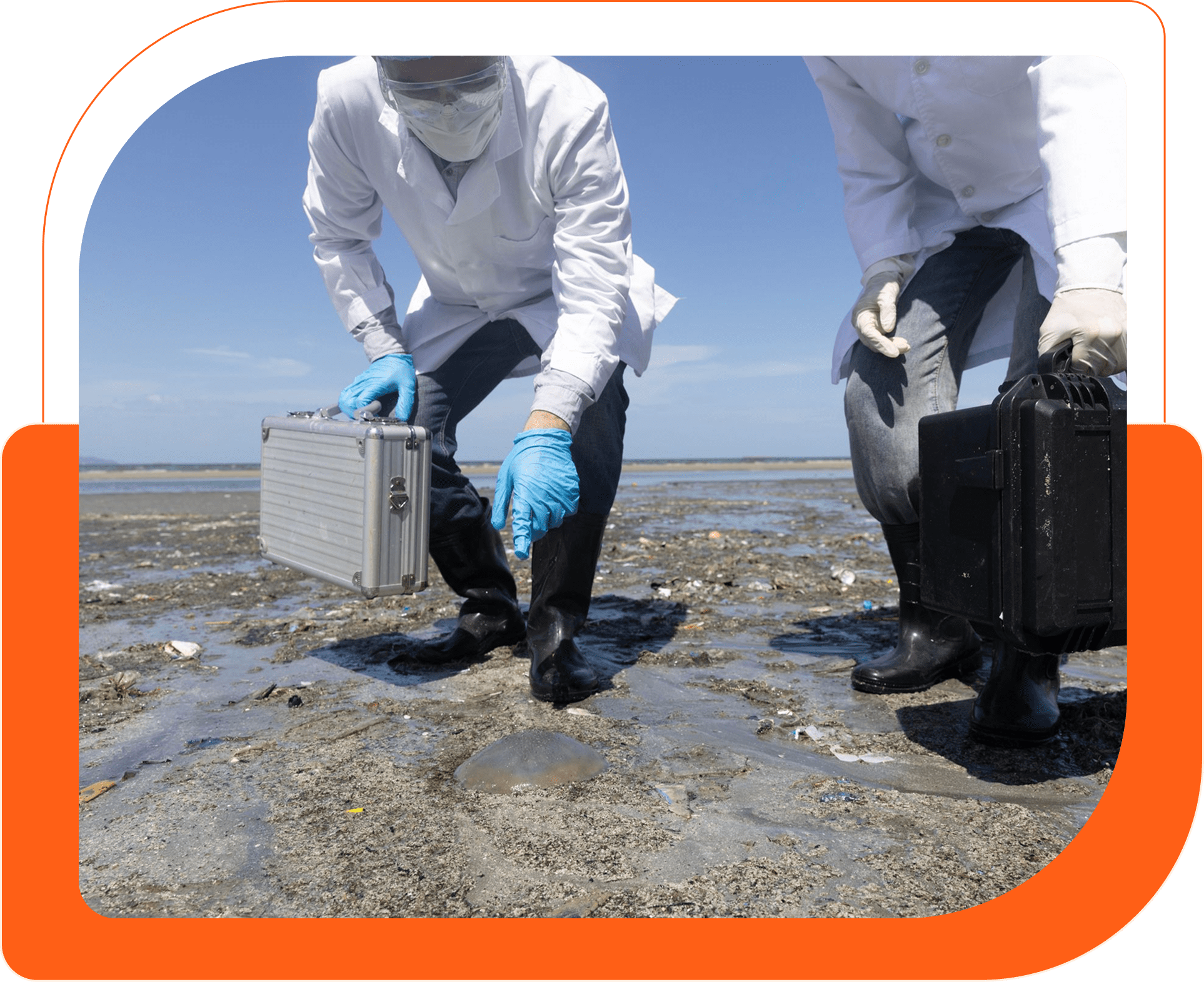 Scientists collecting samples on polluted beach.