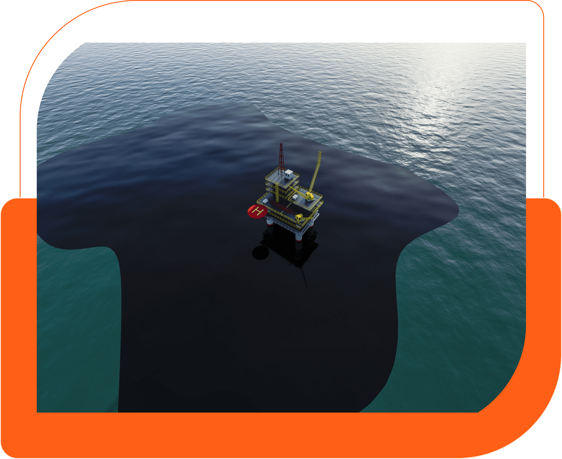 Offshore oil platform with surrounding oil spill.