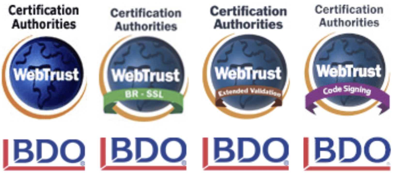 WebTrust certification logos and BDO logos.