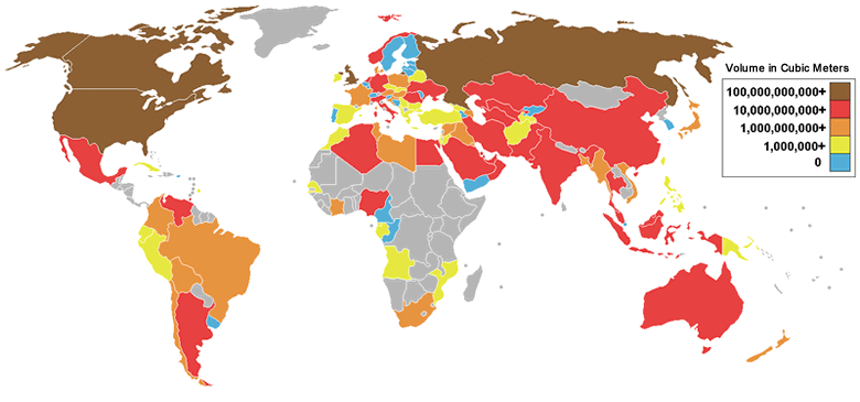 World map showing water volumes distribution.